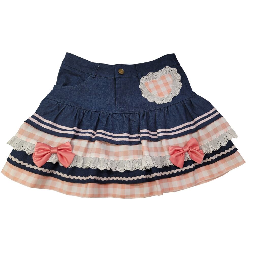 Preppy Lolita Kawaii Skirts Sweet Mini Women Cute Denim Skirt Y2K Cake Skirt M